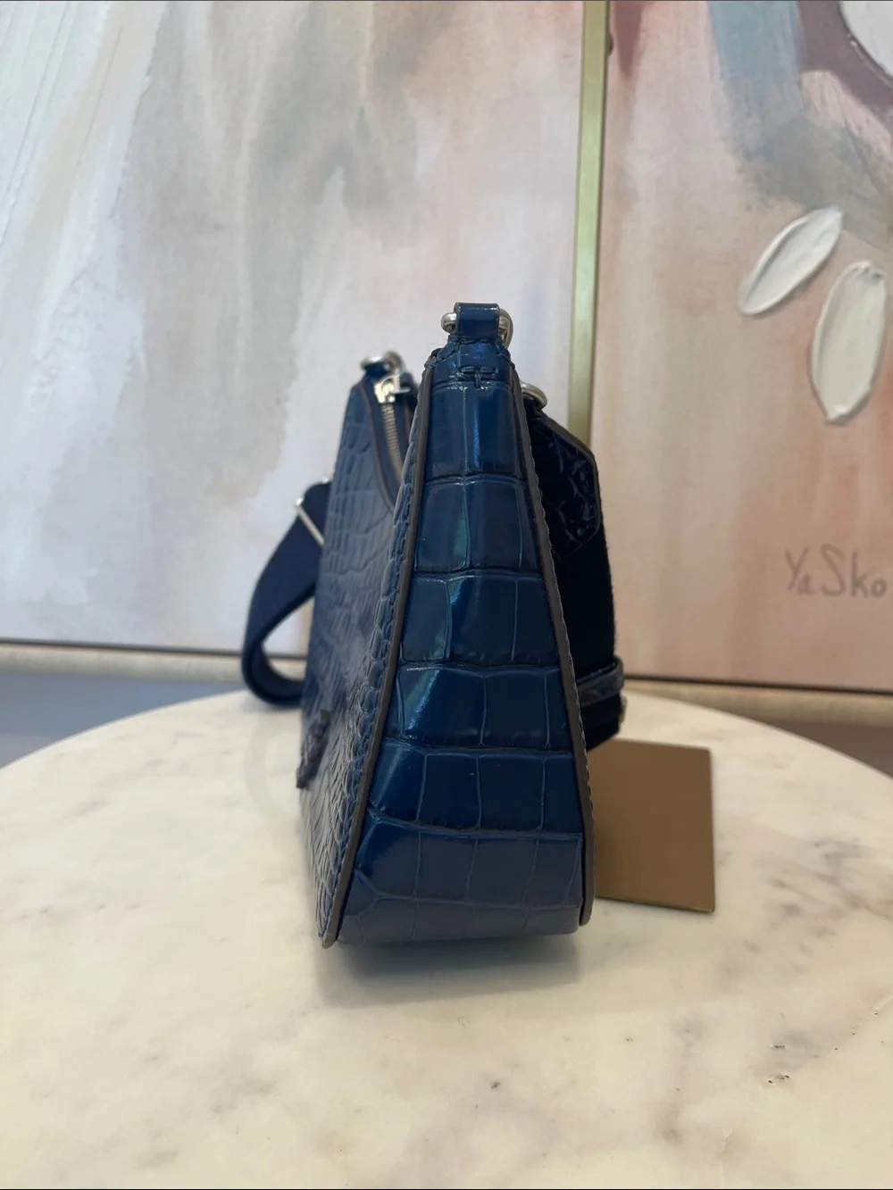 Tory Burch Croc-Embossed Navy Leather Shoulder Bag